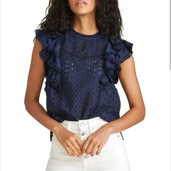 Veronica Beard Jie blouse eyelet ruffled sleeve coastal cotton - Picture 1 of 10
